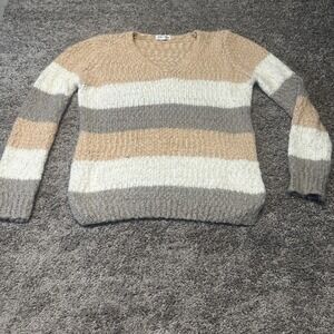 Macaron Womens S Striped Fuzzy Knit Sweater Colorblock Pullover Y2K Cozy Chic